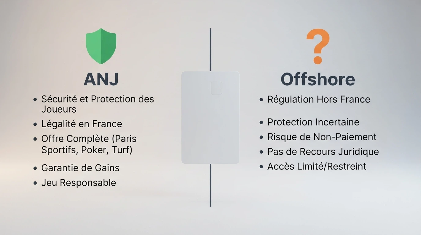 Un tableau comparatif stylisé montrant deux colonnes distinctes — d'un côté les opérateurs agréés ANJ, de l'autre les casinos offshore — avec une carte Visa au centre