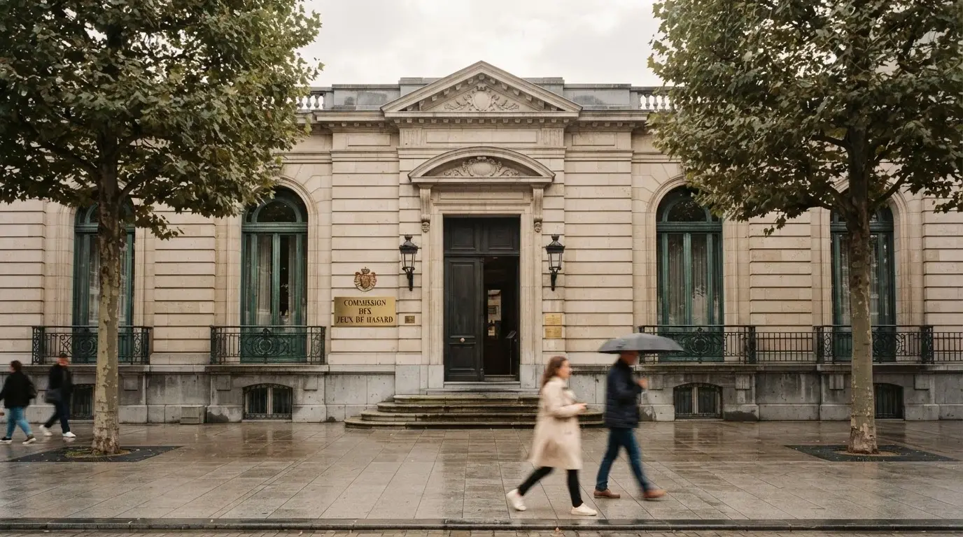 Le bâtiment de la Commission des jeux de hasard à Bruxelles, Cantersteen 47, ou le logo officiel de la CJH sur fond institutionnel