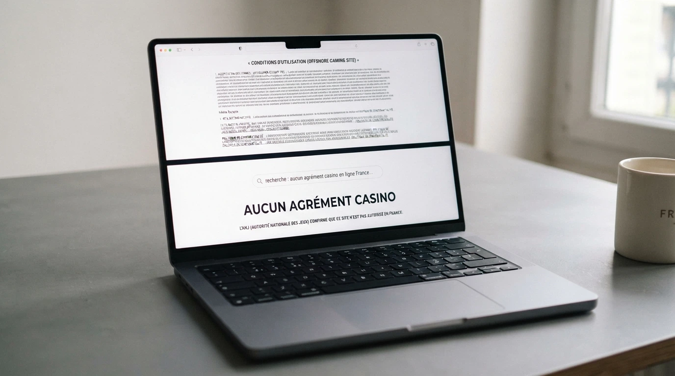 Écran partagé montrant d'un côté les conditions générales d'un casino offshore et de l'autre le registre ANJ avec la mention « aucun agrément casino »
