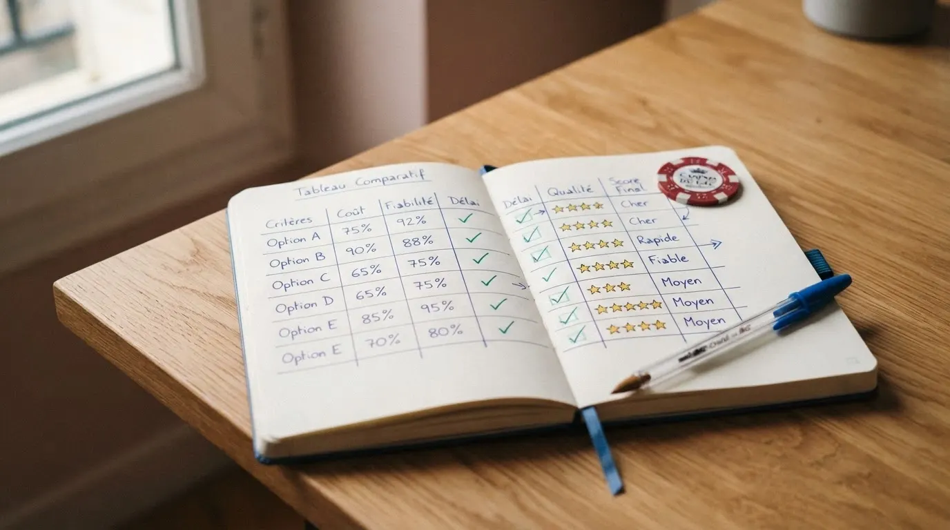 Une grille de comparaison manuscrite avec des notes, des pourcentages et des noms de casino, posée sur un bureau