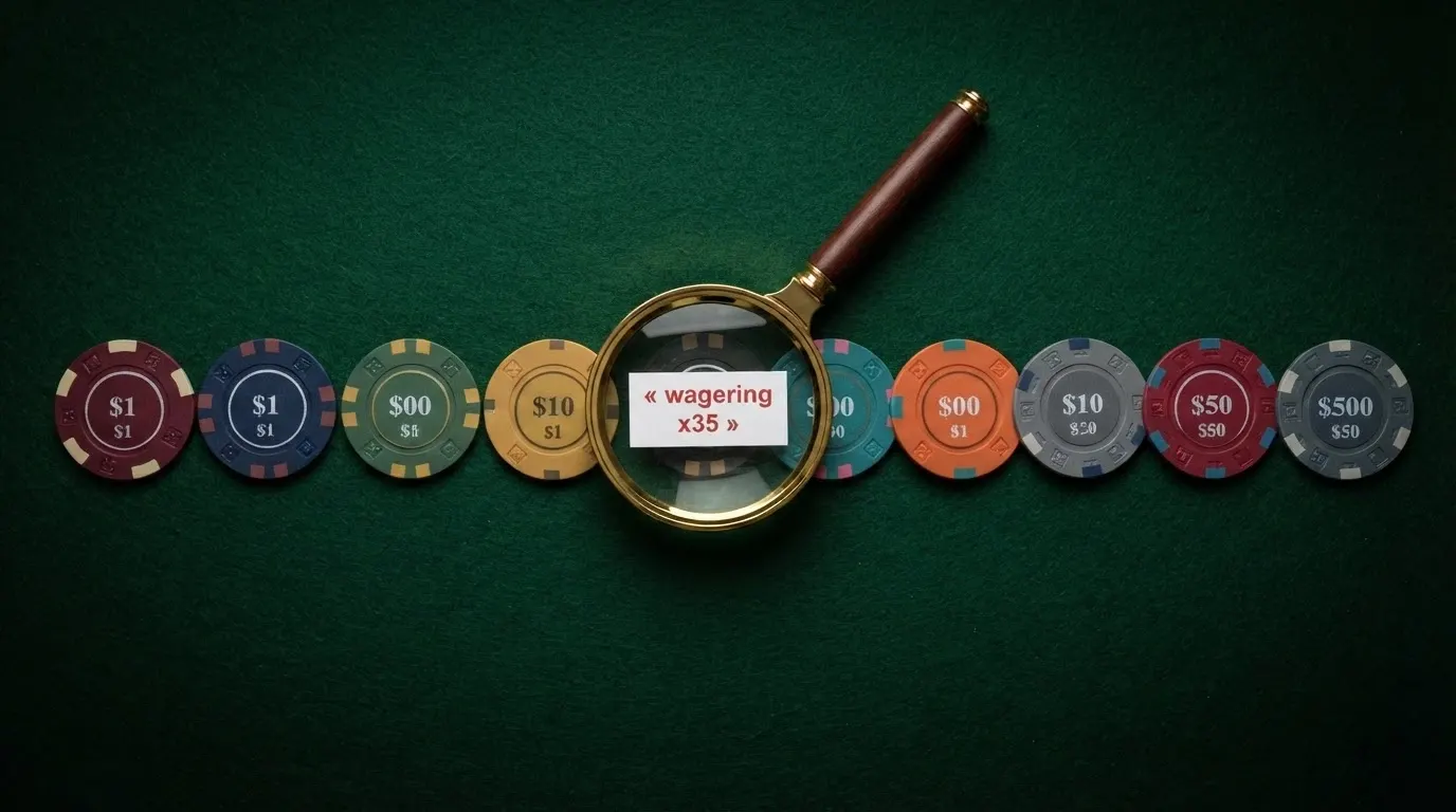 Dix fiches alignées côte à côte sur une table, chacune portant le nom d'un casino, avec une loupe posée sur celle du centre révélant la mention « wagering x35 » en rouge