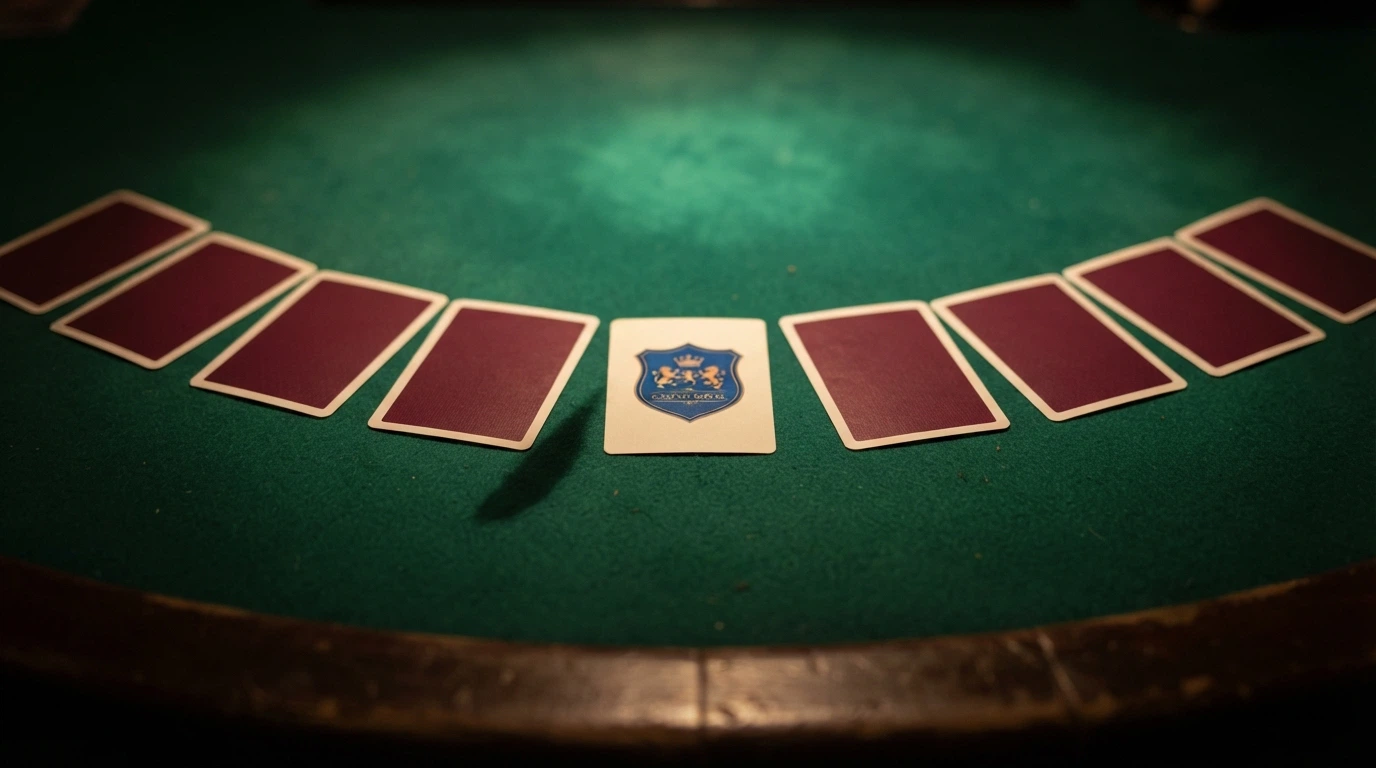 Dix cartes de casino alignées sur une table, face retournée, une seule est retournée révélant un bouclier bleu marqué « licence »
