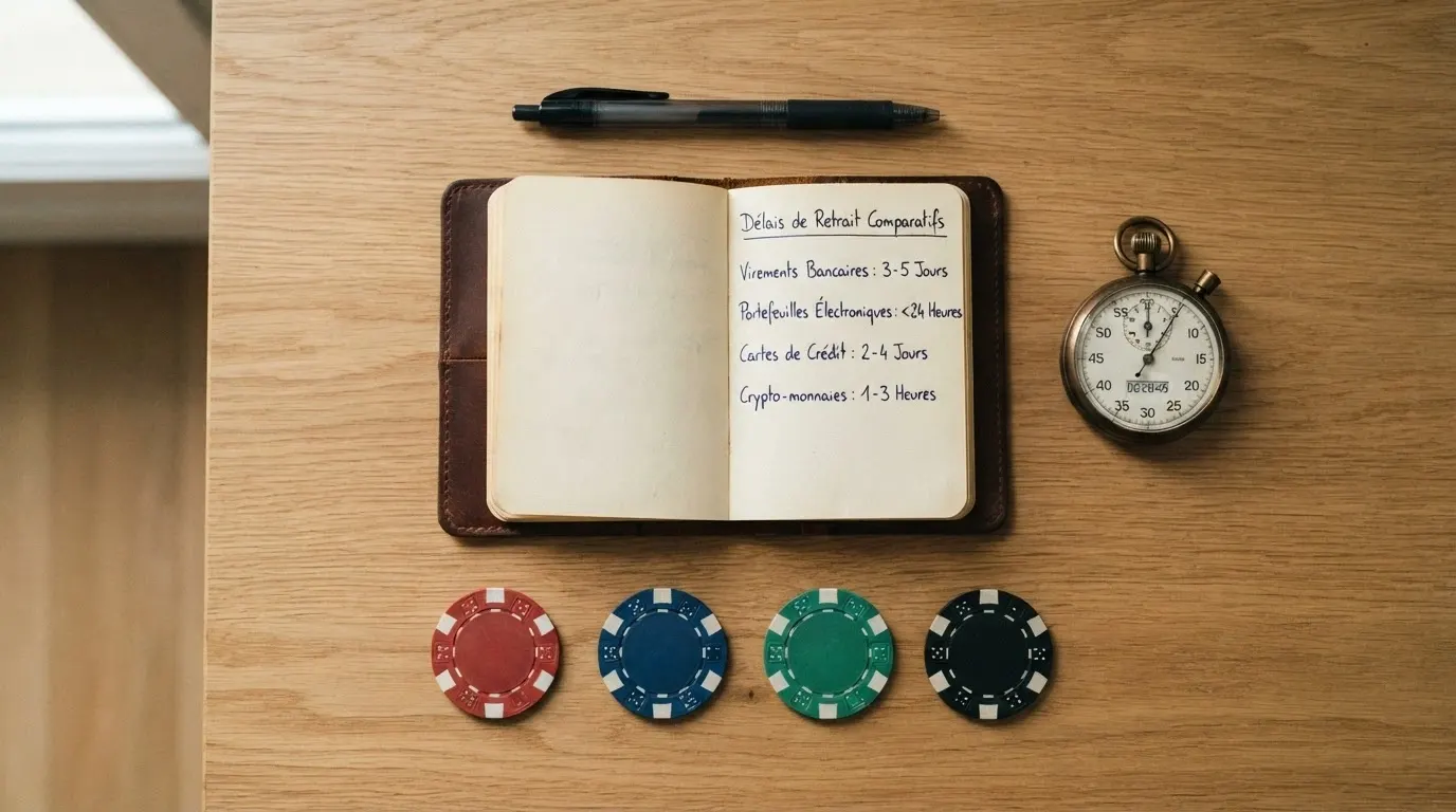 Un classement visuel de logos de casinos en ligne disposés sur le fond d'un chronomètre, avec des durées de retrait affichées sous chaque marque