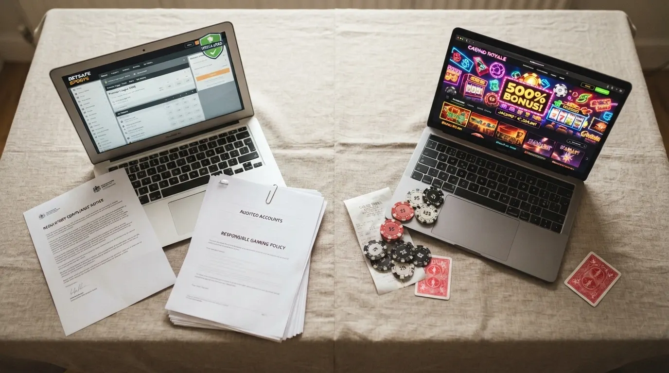 Une ligne de partage visuelle entre deux colonnes : à gauche les logos d'opérateurs sous pavillon ANJ, à droite des casinos offshore avec un point d'interrogation sur leur statut fiscal.