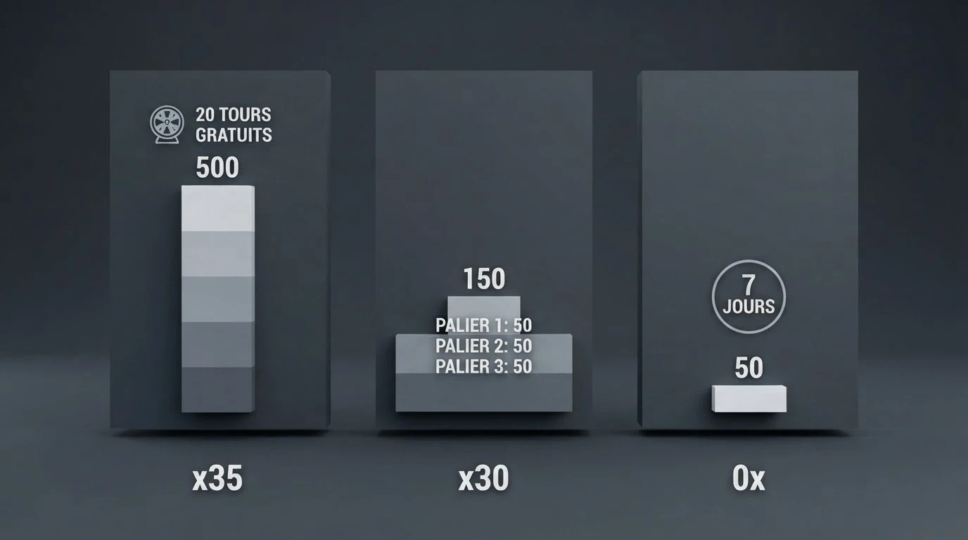 Comparaison visuelle de plusieurs offres de bonus de casinos en ligne avec leurs conditions affichées