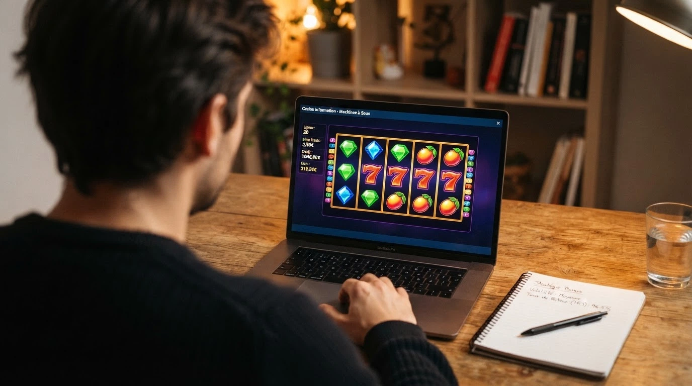 Une sélection d'interfaces de casinos en ligne affichant des vignettes de machines à sous 5 rouleaux, avec des badges de licence et des offres de bienvenue visibles