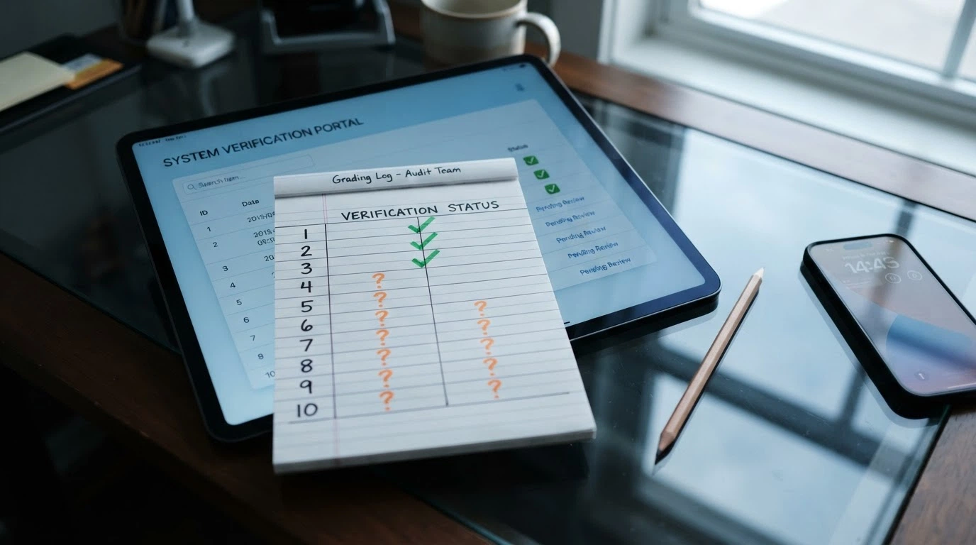 Une grille de classement manuscrite posée sur un écran de tablette affichant le portail cert.cga.cw, avec des cases cochées en vert pour trois opérateurs et des points d'interrogation en orange pour les sept autres.
