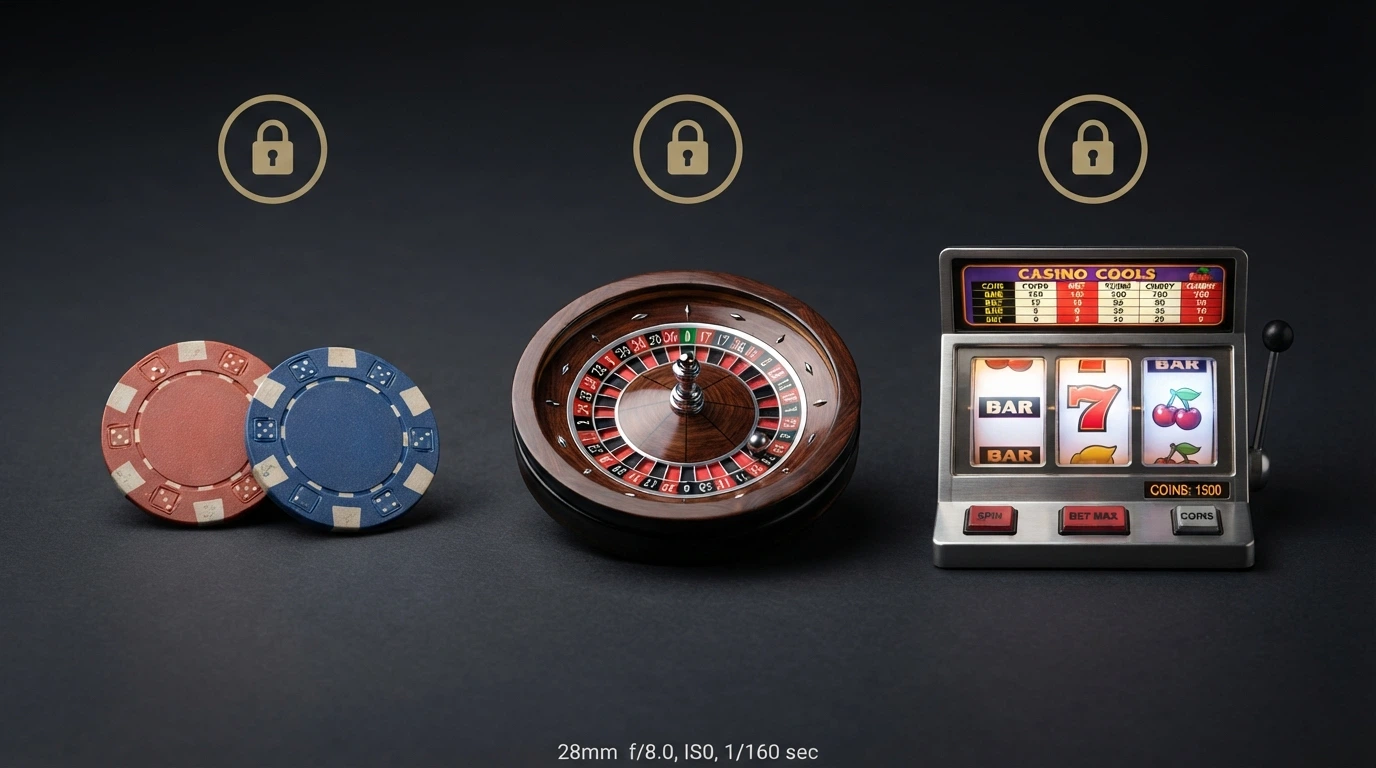 Une grille de comparaison visuelle avec des icônes de casino, des pourcentages de bonus et des symboles de licence, sur fond sombre