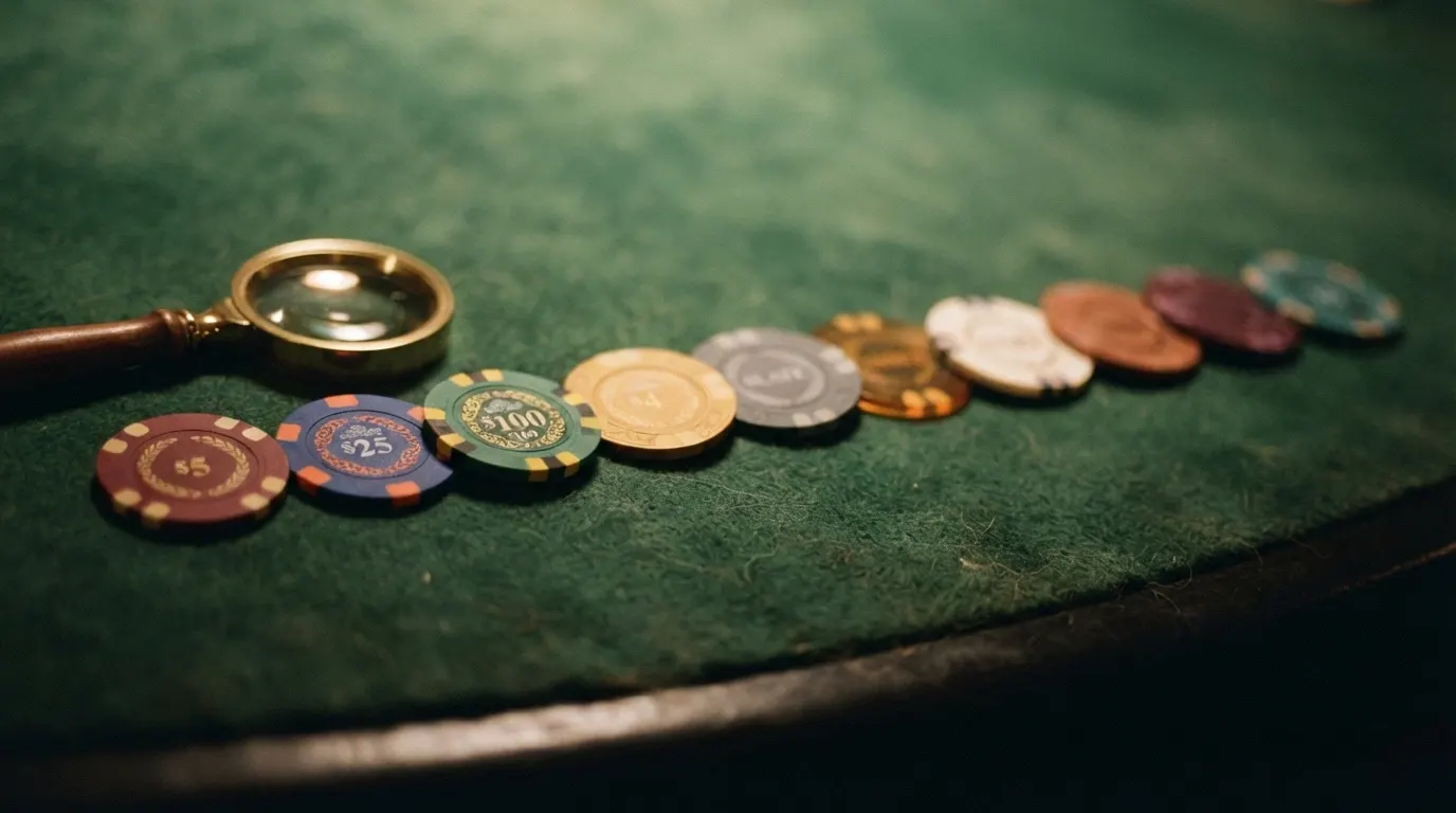 Une rangée de cartes de casino alignées comme un classement, chacune portant un nom et une note, avec une loupe posée sur la première