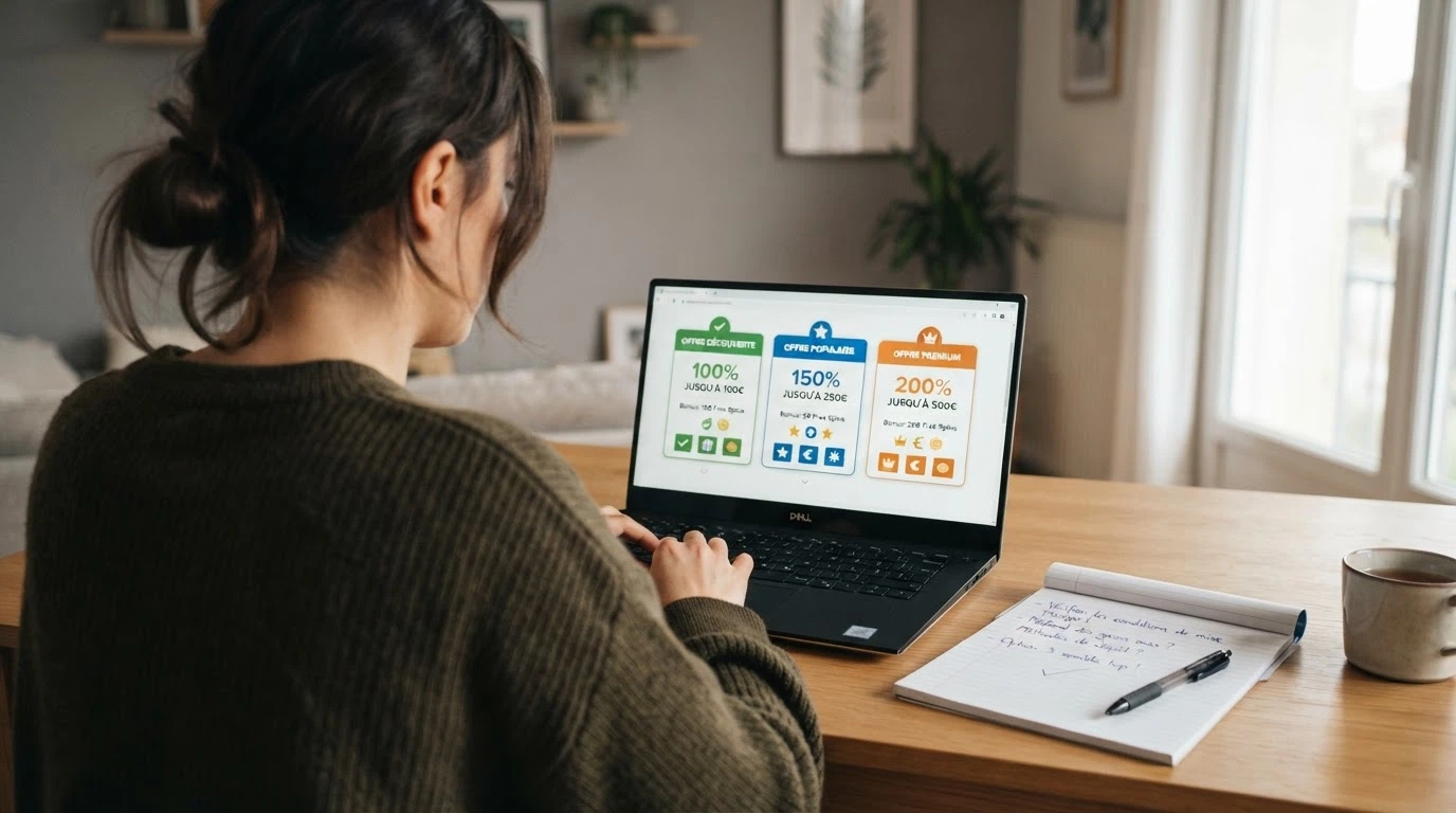 Illustration d'un tableau comparatif montrant plusieurs offres de bienvenue de casinos en ligne avec leurs pourcentages et conditions