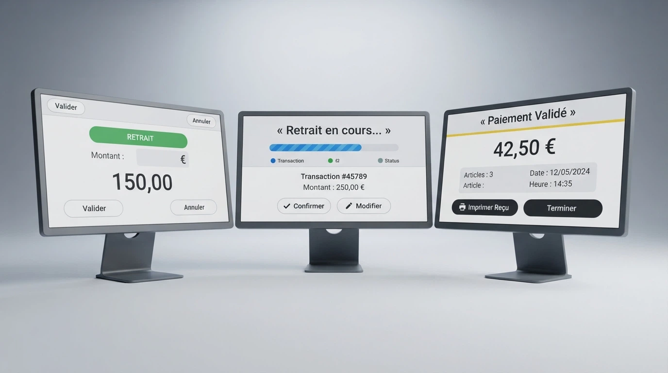 Écran partagé montrant plusieurs interfaces de casino en ligne avec leur section retrait ou caisse
