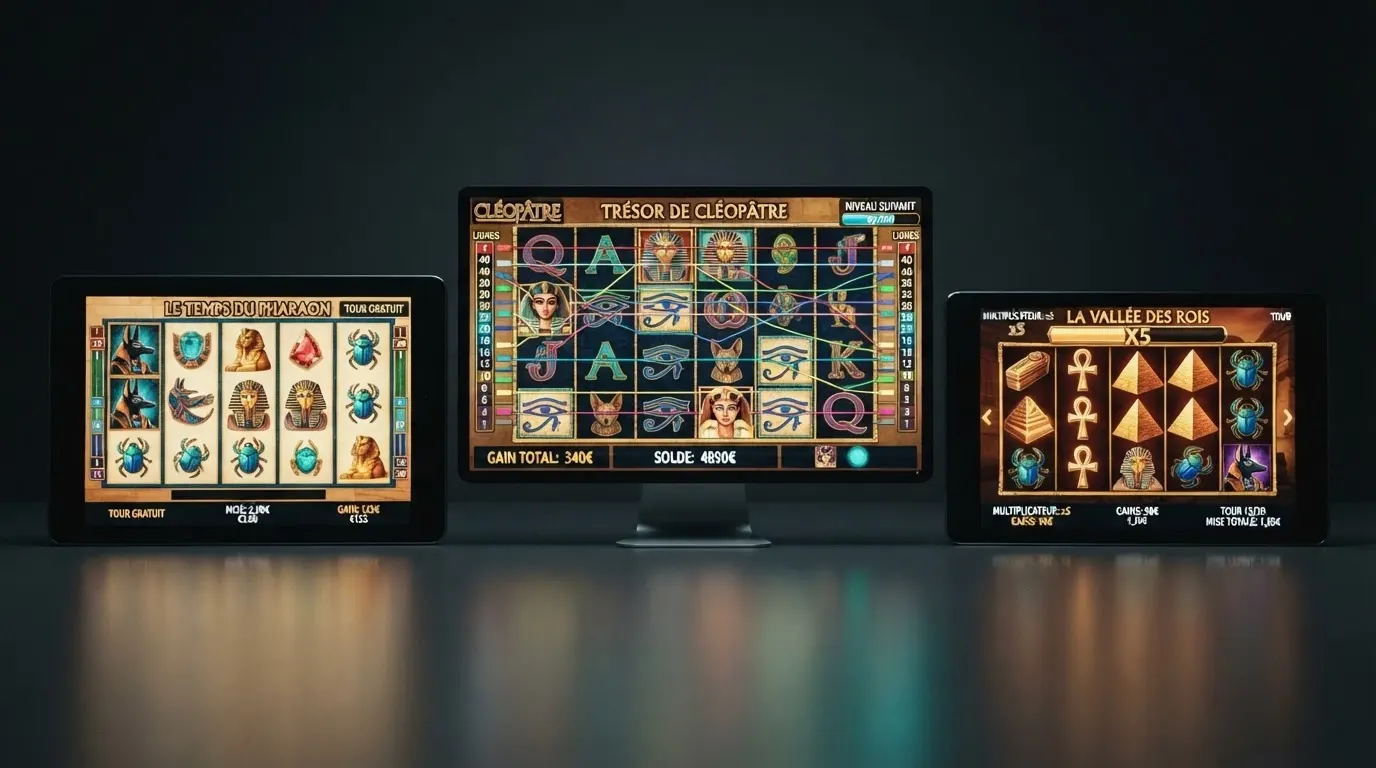 Écran partagé montrant les trois variantes Cleopatra 2, Cleopatra Plus et Legend of Cleopatra avec leurs grilles de jeu respectives