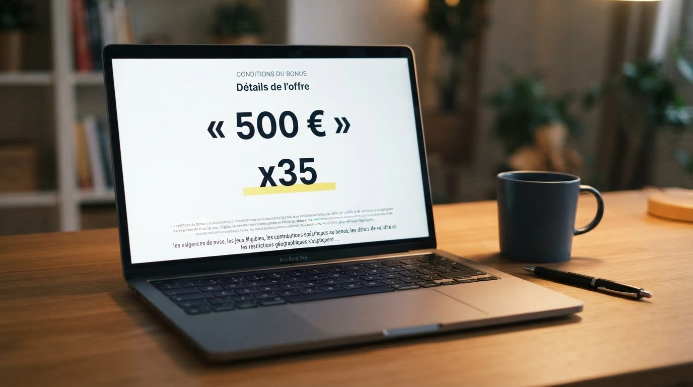 Capture d'écran des conditions de bonus d'un casino en ligne avec le wagering et les petits caractères mis en évidence