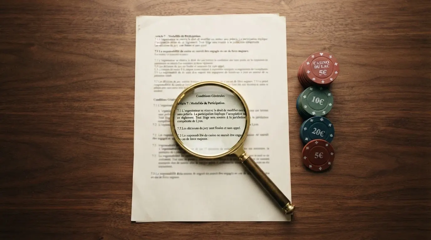 Un contrat ou une liste de conditions posée à côté d'une pile de jetons estampillés « gratuit », avec une loupe mettant en évidence les petits caractères