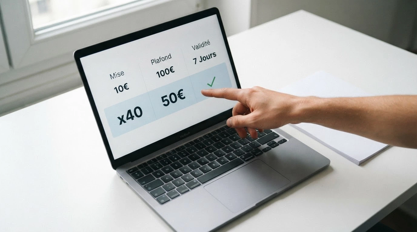 Écran présentant les conditions d'une offre de free spins : wager, plafond de gains, validité, jeu éligible
