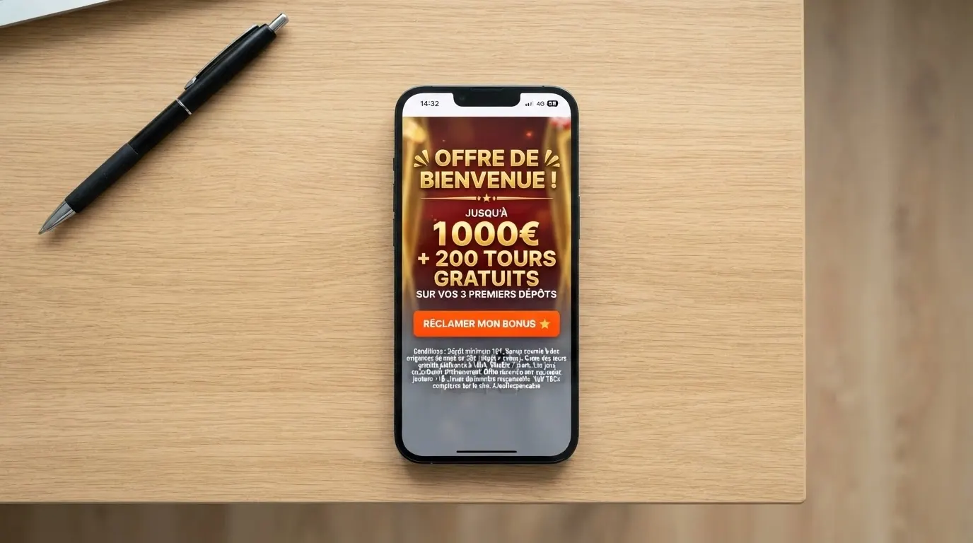 Un bandeau promotionnel coloré annonçant un bonus de bienvenue, avec les conditions de mise en petits caractères en dessous du bouton d'inscription
