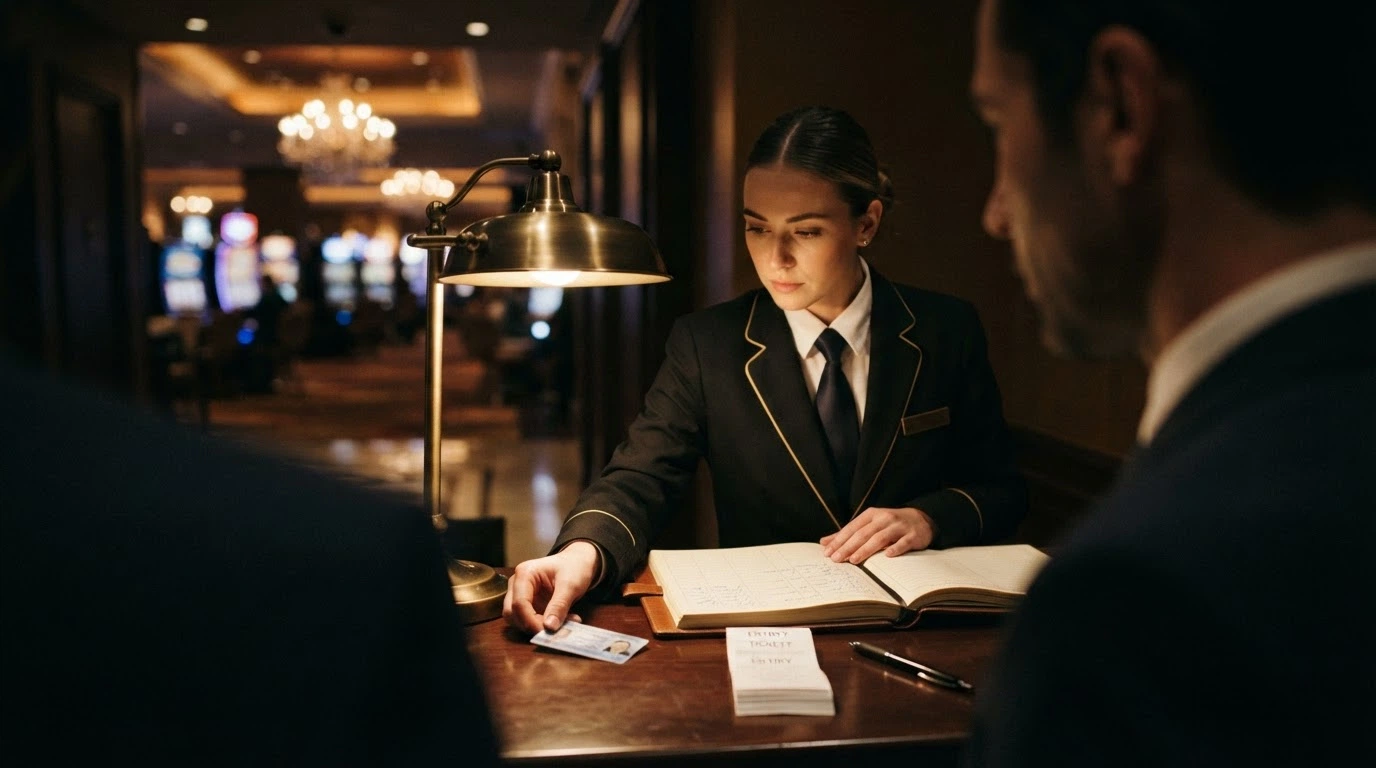 Agent de casino examinant un document d'identité sous une lumière à l'entrée d'une salle de jeux
