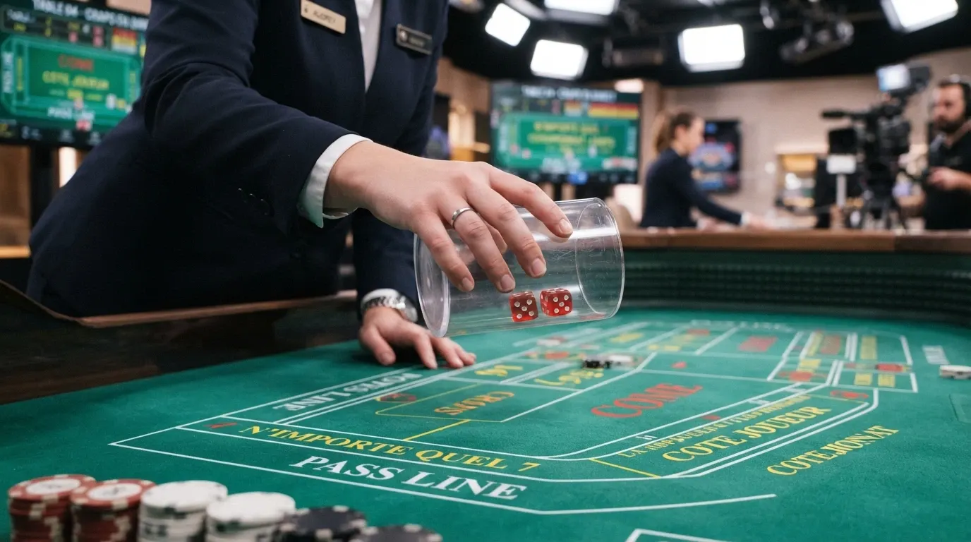 Croupier en direct actionnant un shaker de dés sur une table de craps Evolution Gaming