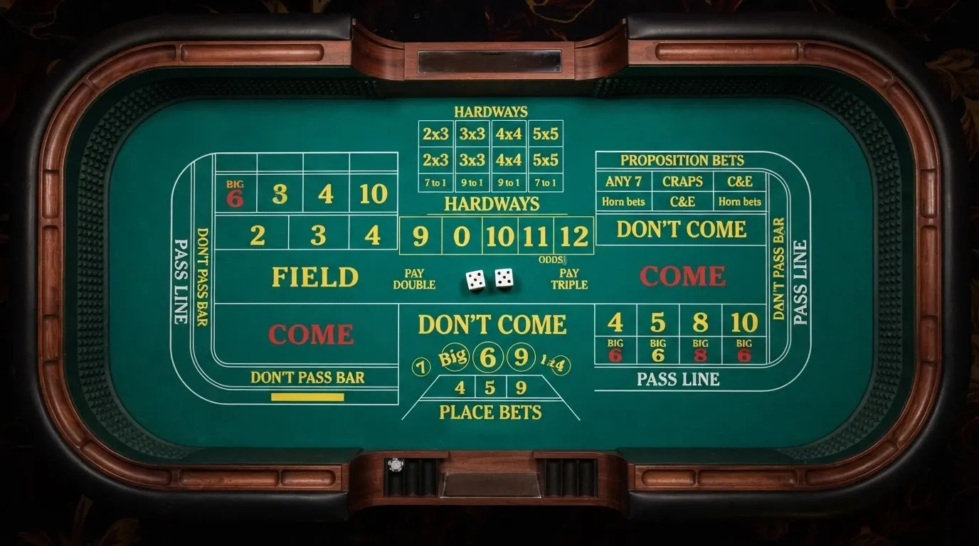 Un tapis de craps vu du dessus avec ses zones de mise marquées (Pass Line, Field, Come, Place Bets) et deux dés posés au centre