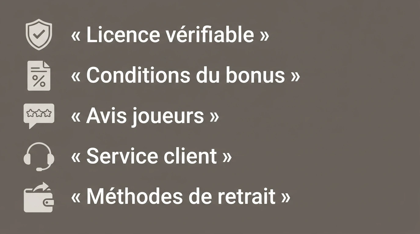 Liste de vérification illustrant les cinq critères essentiels avant inscription : licence, conditions du bonus, avis joueurs, service client et méthodes de retrait
