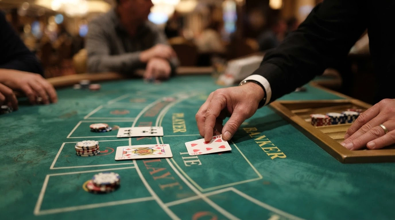 Croupier professionnel distribuant les cartes sur une table de baccarat live, plan rapproché sur les mains Joueur et Banquier