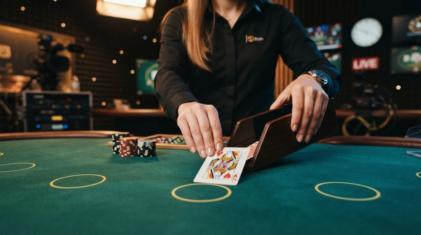 Croupier professionnel distribuant les cartes sur une table de blackjack live dans un studio de streaming