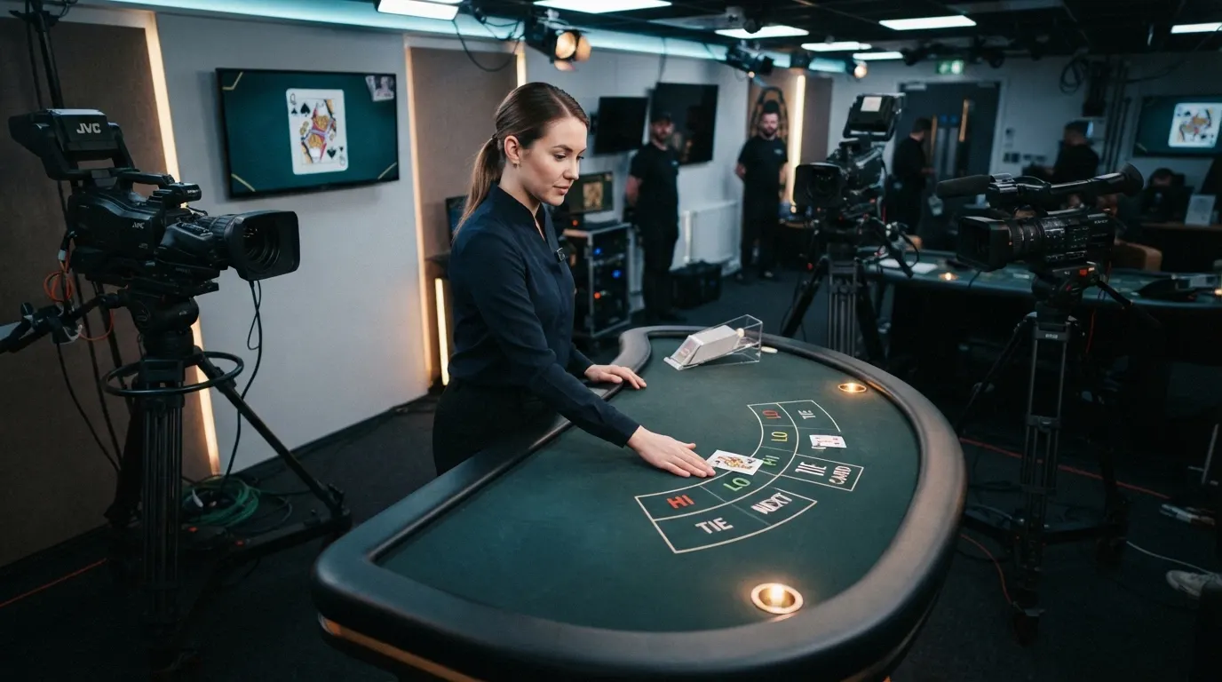 Un croupier en direct dans un studio professionnel, une carte affichée face visible sur une table de Hi-Lo, un joueur plaçant une mise sur un écran adjacent