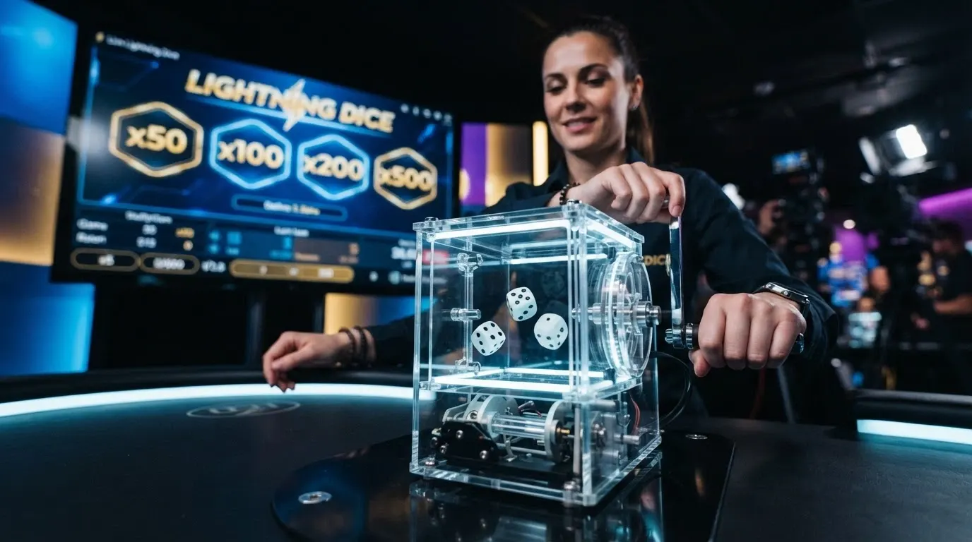 Un croupier en studio de casino live actionnant un appareil de lancer de dés devant un écran affichant les multiplicateurs