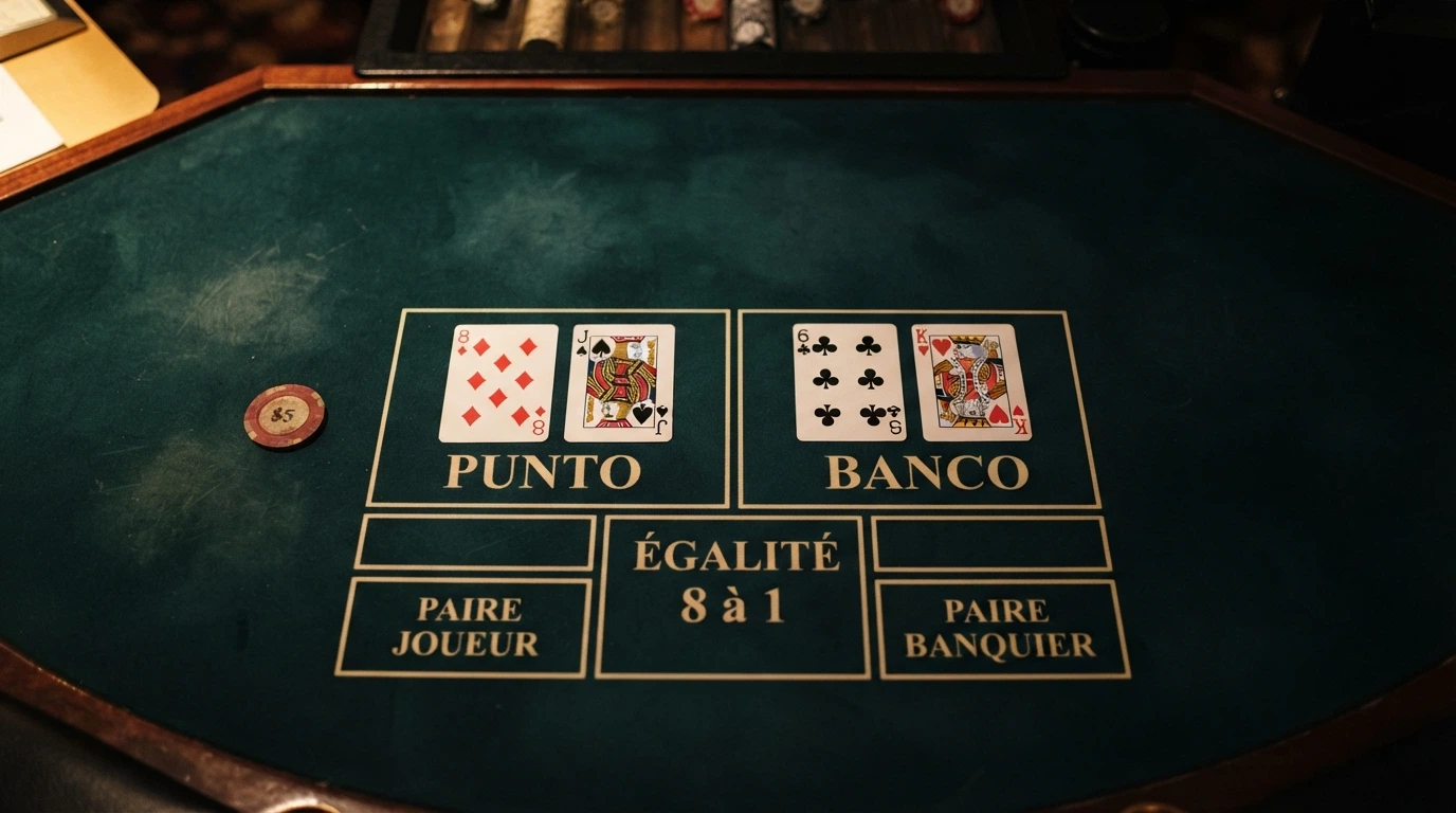 Gros plan sur une main de Punto Banco en cours : les cartes du Punto et du Banco visibles côte à côte sur une table de live casino