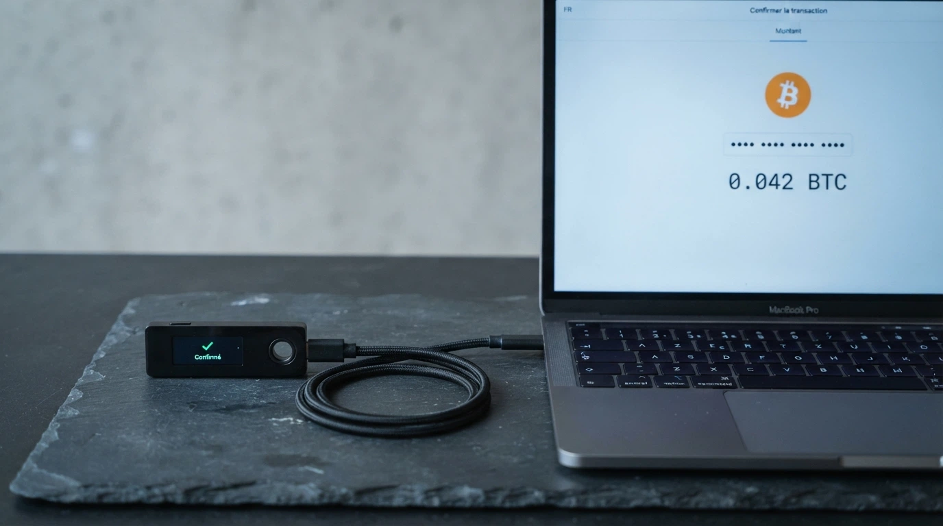 Un portefeuille crypto physique (ledger) posé à côté d'un écran affichant une transaction Bitcoin confirmée sur une interface de casino