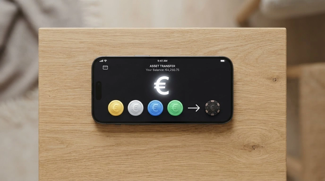 Portefeuille crypto ouvert sur un écran de smartphone affichant plusieurs logos de cryptomonnaies (Bitcoin, Ethereum, USDT, Litecoin), avec une flèche de transfert vers une icône de casino.