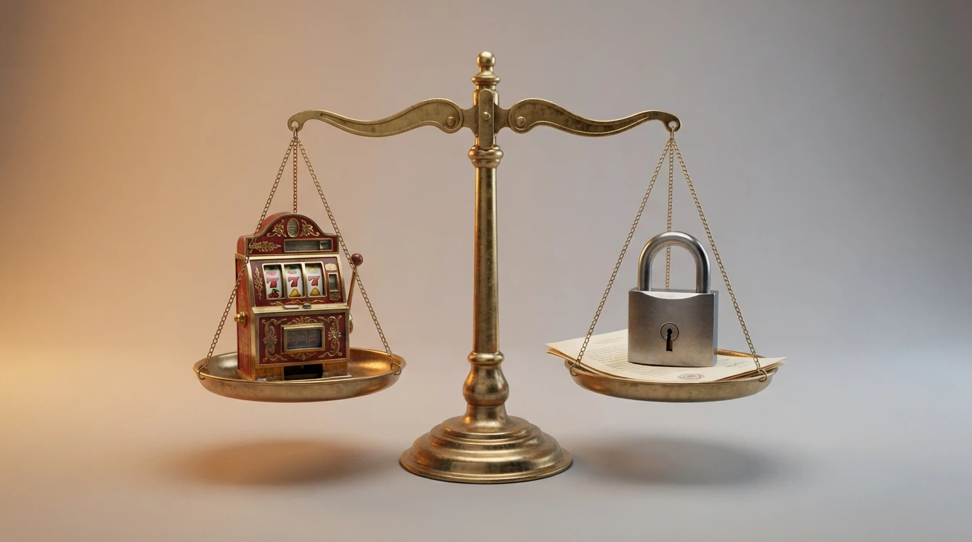 Une balance à plateaux dont un côté porte une machine à sous (l'attrait du jeu) et l'autre un document barré d'un tampon ANJ (l'interdiction française).