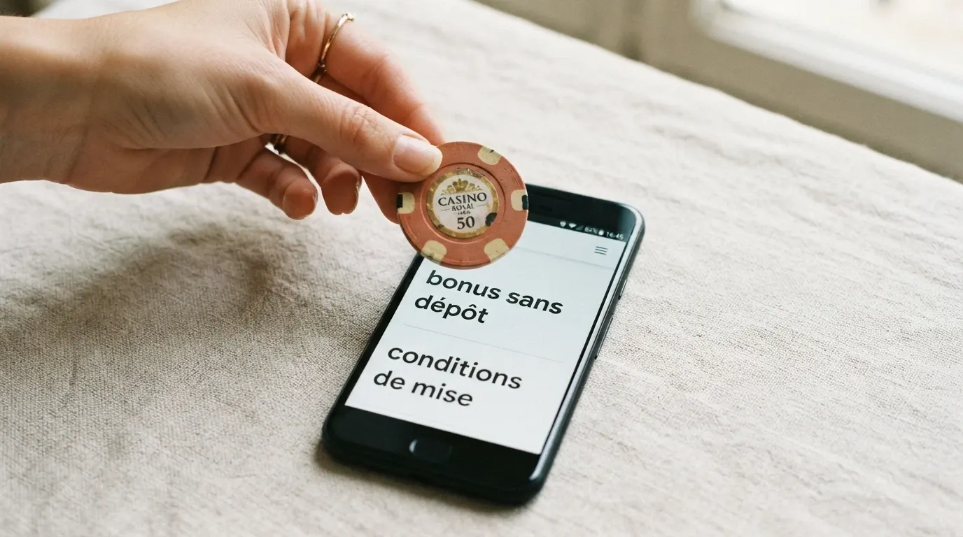 Une main tenant une pièce de monnaie au-dessus d'un écran affichant les mentions « bonus sans dépôt » et « conditions de mise »