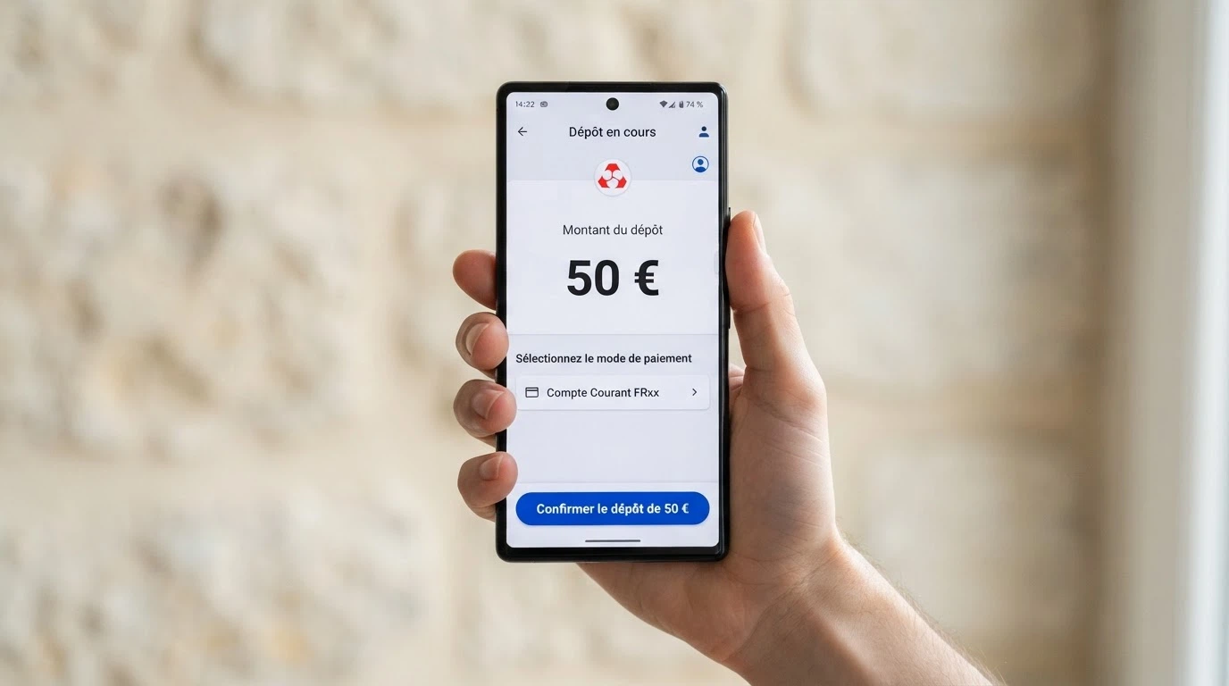 Une main tenant un iPhone, l'écran affichant un montant de dépôt saisi dans l'interface d'un casino en ligne, avec le bouton Apple Pay visible