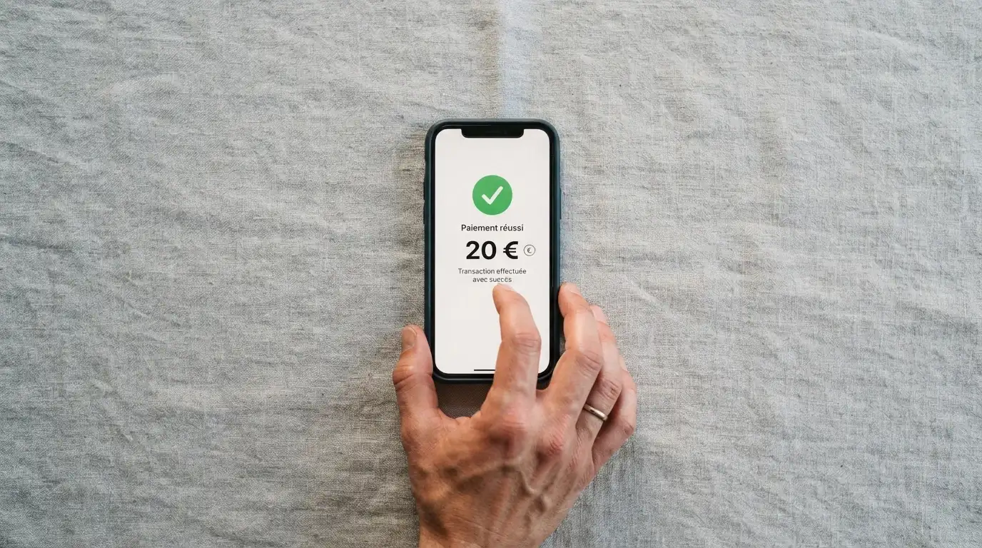 Une main tenant un smartphone, l'écran affichant la confirmation d'un dépôt de 20 € via Google Pay avec le ruban vert de validation