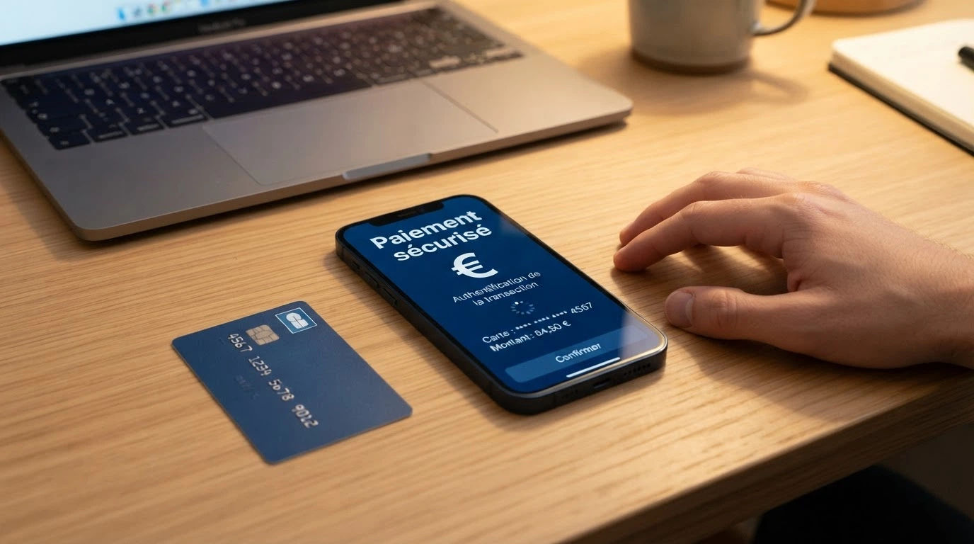 Une main saisissant les chiffres d'une carte Mastercard sur l'écran d'un ordinateur portable, avec l'interface 3D Secure affichée en arrière-plan