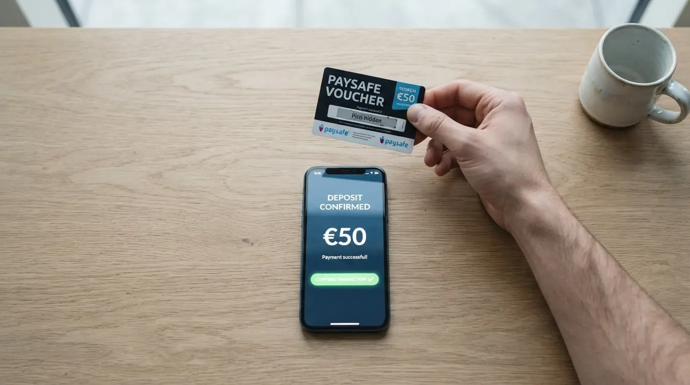 Une main tenant un ticket Neosurf devant un écran affichant la caisse d'un casino en ligne avec le logo Neosurf dans les options de dépôt