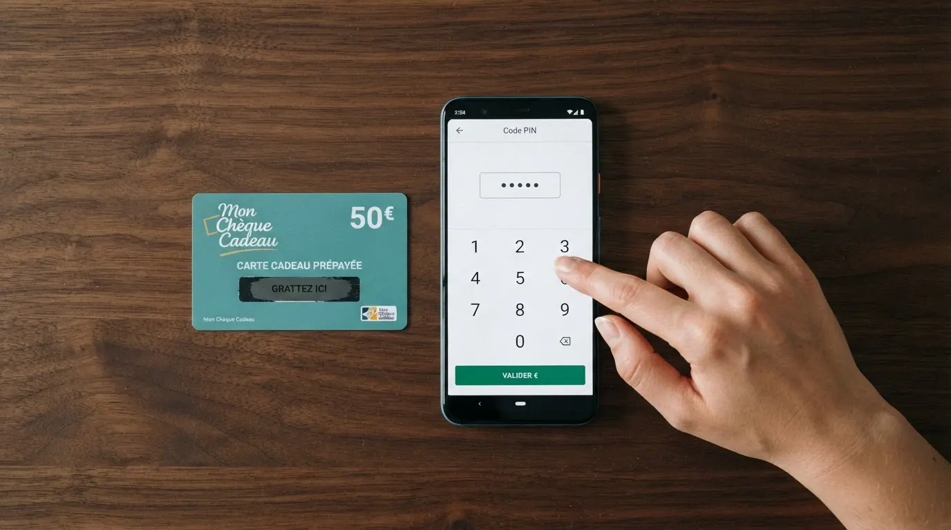 Une main saisissant un code PIN à 16 chiffres sur l'interface de caisse d'un casino en ligne, une carte paysafecard posée à côté
