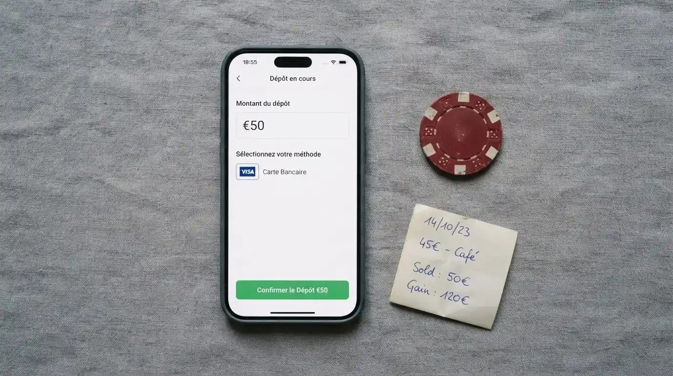 Interface de dépôt d'un casino en ligne avec le logo Jeton sélectionné, montant saisi et bouton de validation