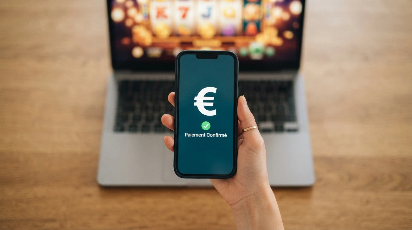 Une main tenant un smartphone affiche une confirmation de transaction XRP de 3 secondes, avec un écran de casino en arrière-plan.