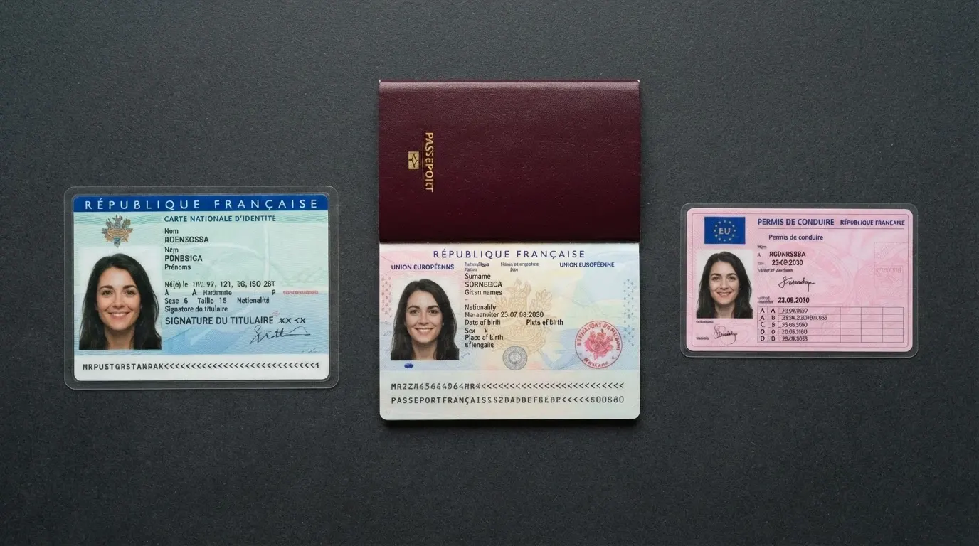 Carte nationale d'identité, passeport et permis de conduire français posés côte à côte