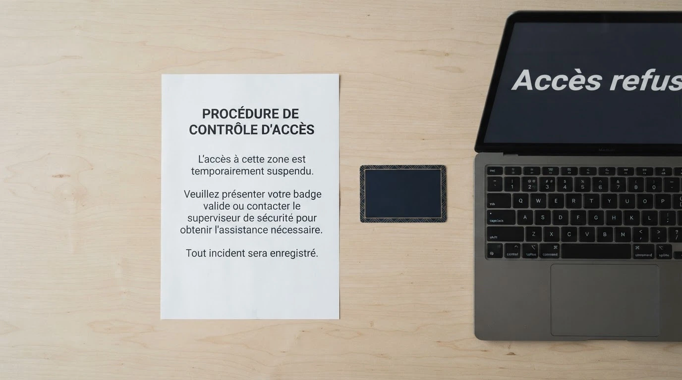 Une carte d'identité française et un justificatif de domicile posés à côté d'un écran affichant le logo de l'ANJ et un message de site bloqué