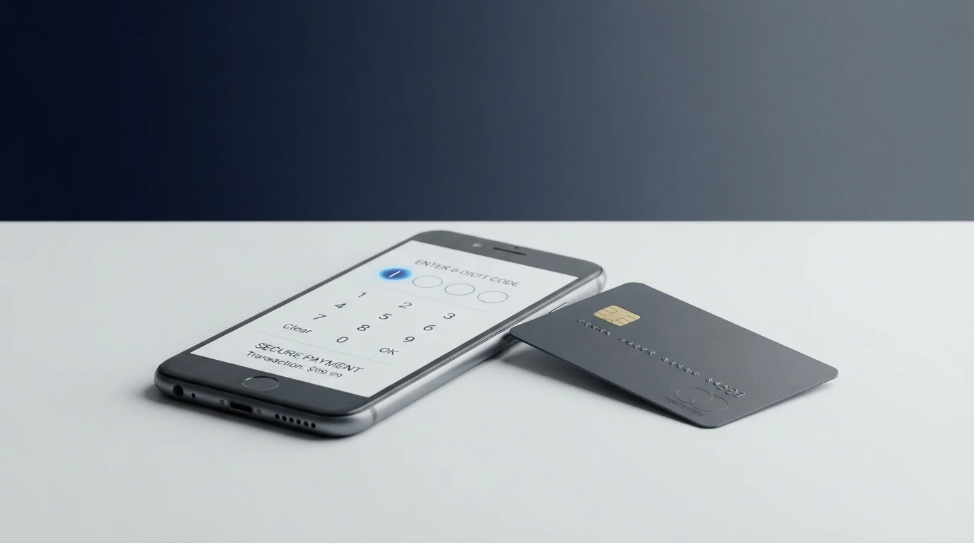 Un schéma simplifié de l'authentification forte à deux facteurs : un téléphone recevant un code SMS, posé à côté d'une carte bancaire