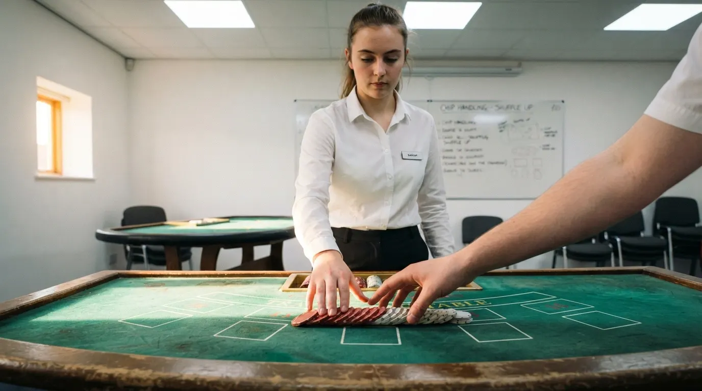 Un élève croupier en formation dans une école spécialisée française, exerçant la gestuelle et le maniement des jetons sur une table d'entraînement.