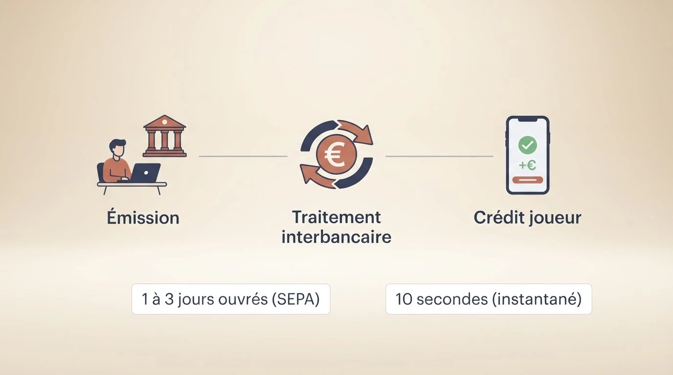 Schéma en trois étapes du parcours d'un dépôt par virement SEPA : émission par le joueur, traitement interbancaire, crédit sur le compte joueur