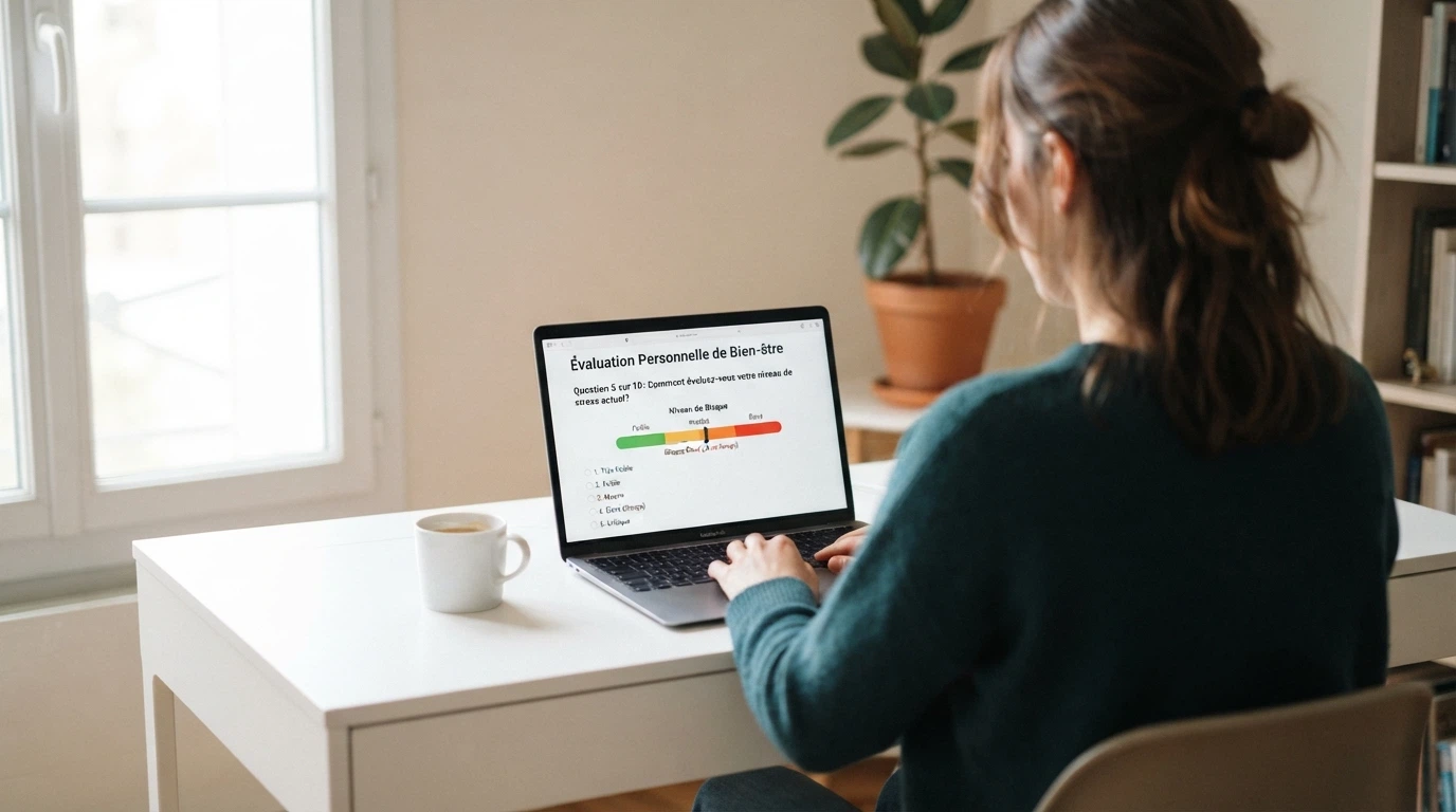 Interface du questionnaire Evalujeu sur un écran d'ordinateur, avec une jauge de niveau de risque