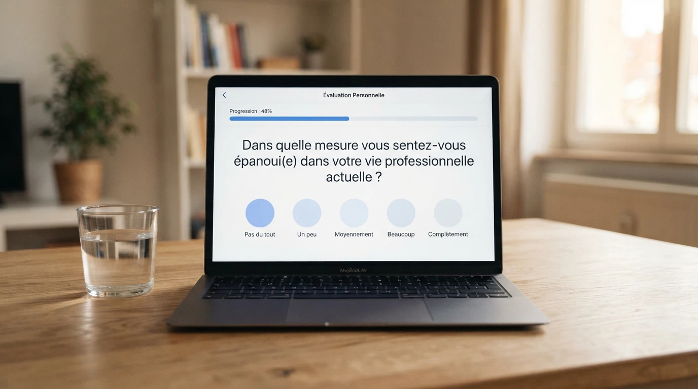 Interface du questionnaire d'auto-évaluation EvaluJeux sur un écran d'ordinateur, avec une jauge de progression des questions