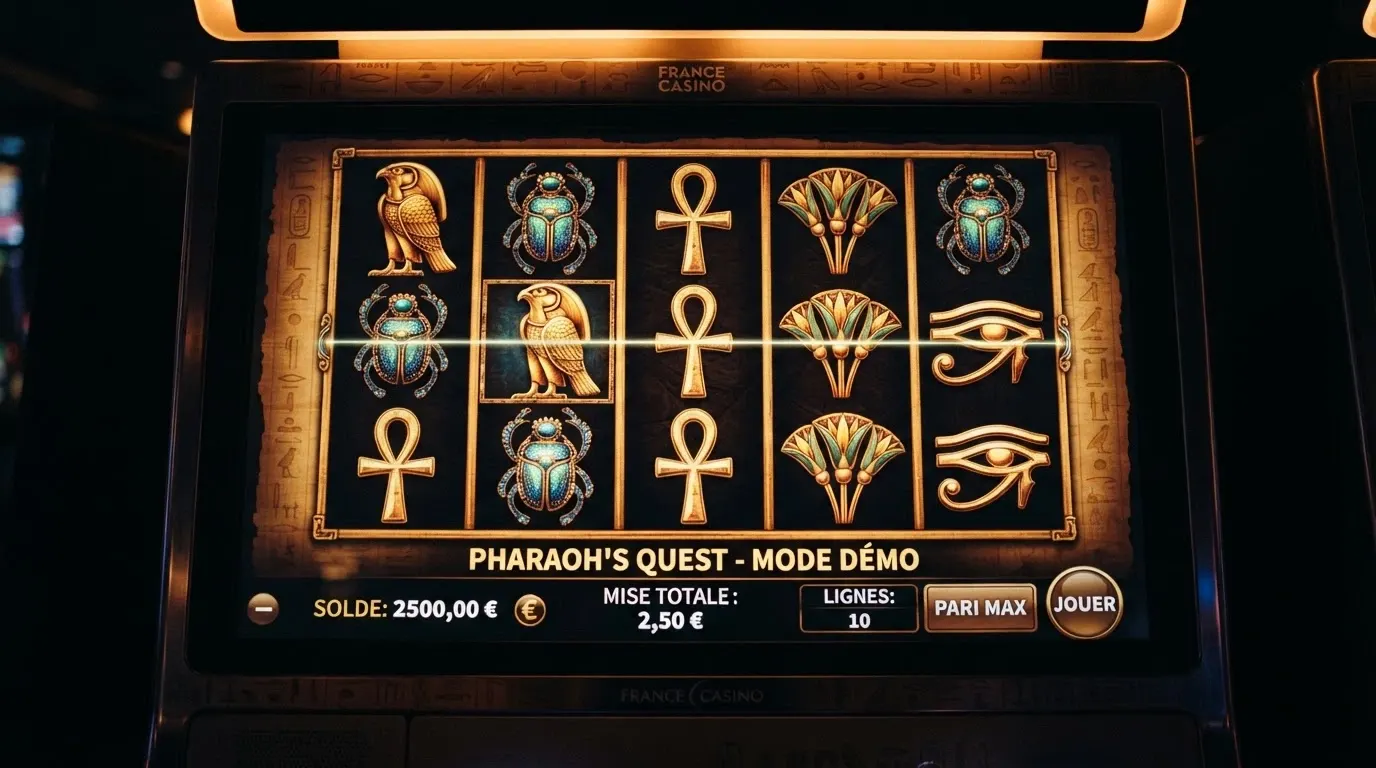 Capture d'écran du slot Eye of Horus de Merkur Gaming en mode démo, montrant les symboles égyptiens et les rouleaux
