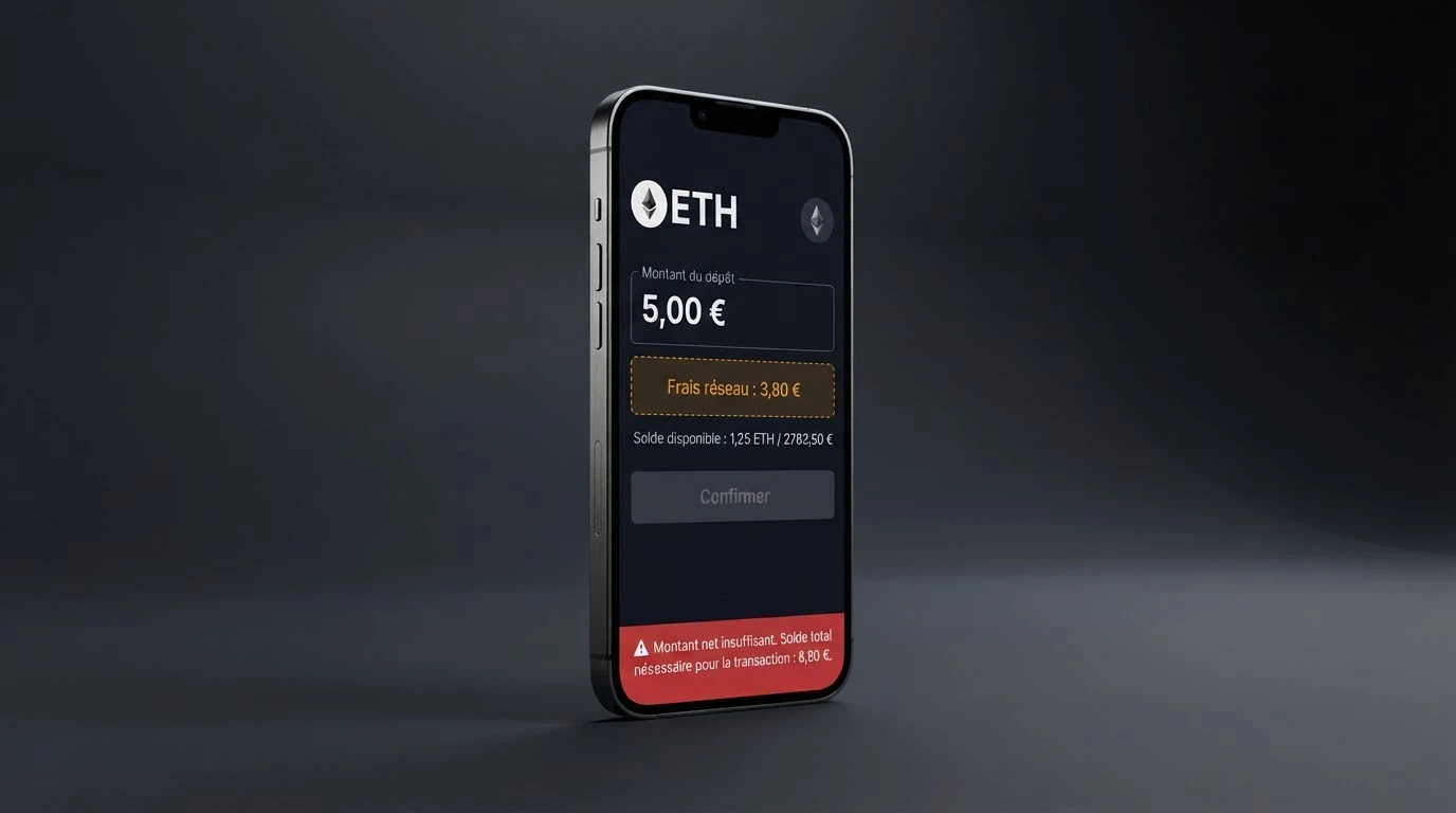 Interface de dépôt d'un casino affichant un montant en ETH et des frais de réseau (gas) au-dessus de zéro