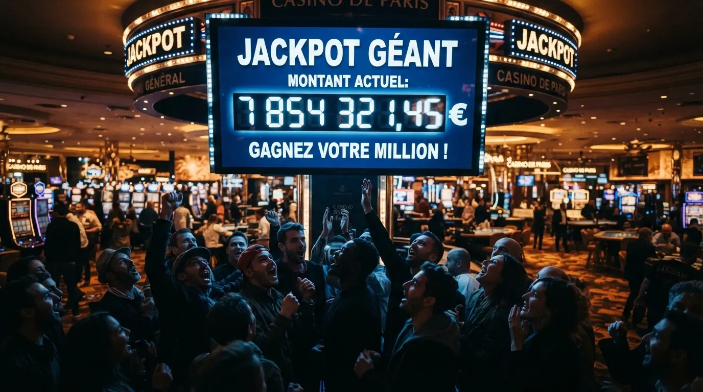 Un jackpot progressif affiché sur un écran géant de casino, avec des chiffres qui défilent et une foule en arrière-plan